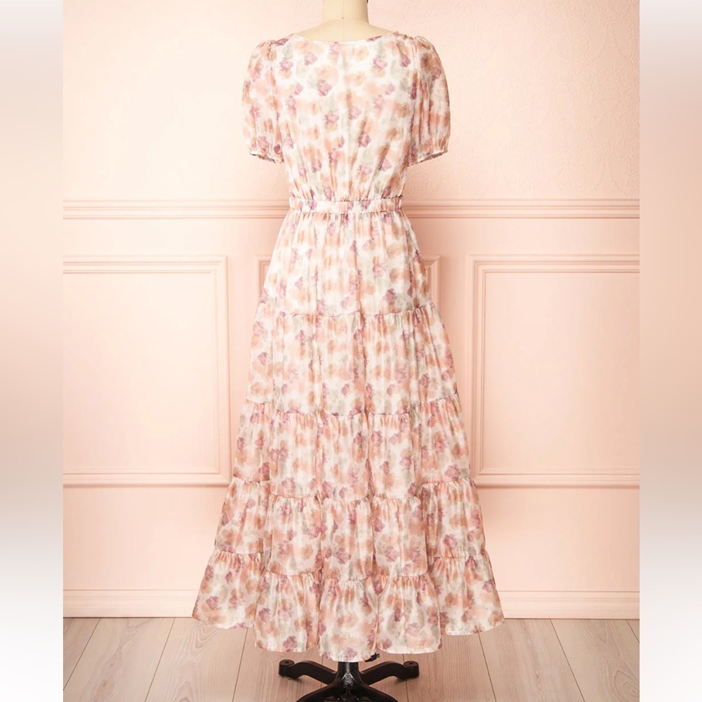Storia Tiered Blush Floral Organza Puff Sleeve Cut Out Maxi Dress size Small - Picture 11 of 11